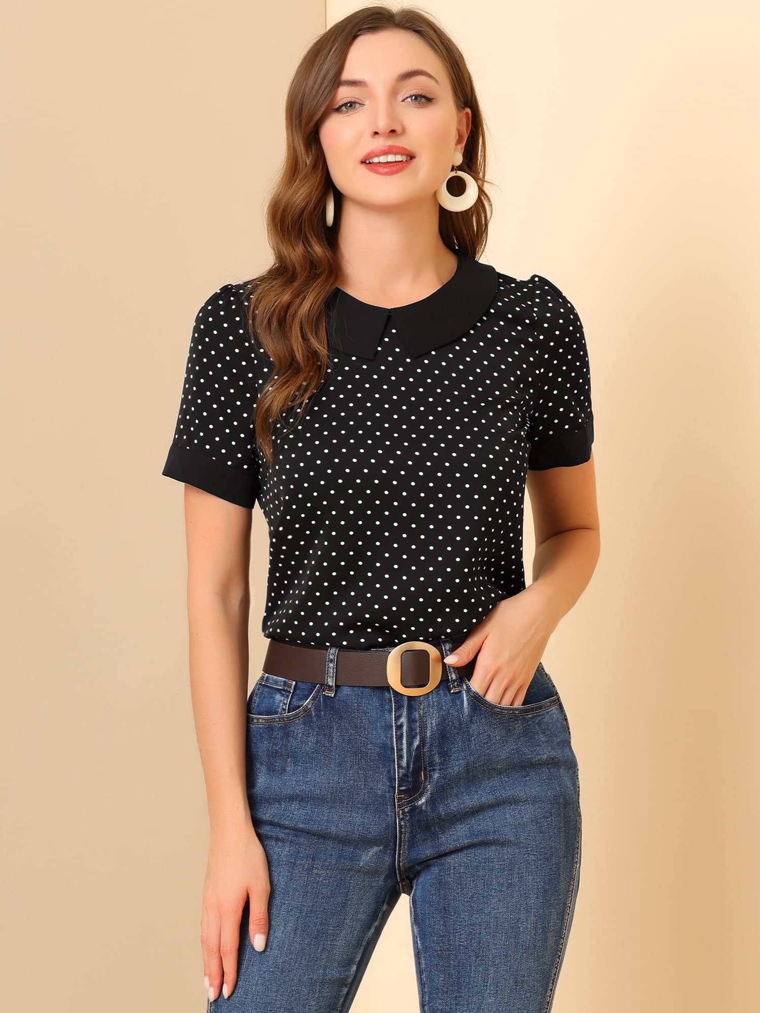 DARING DIVA Women's Peter Pan Collar Polka Dots Short Sleeve Tops L Black