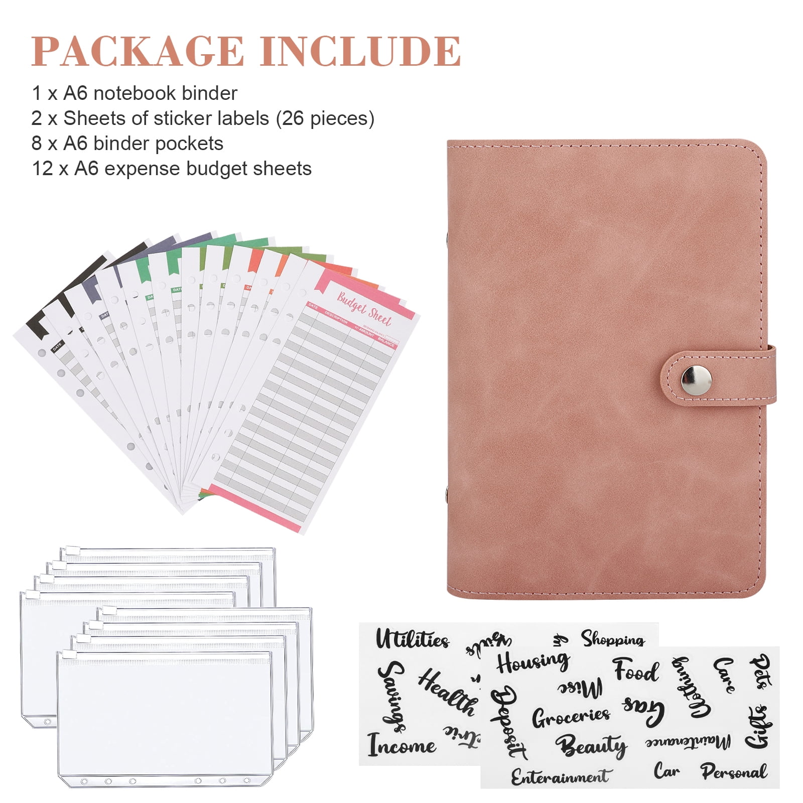 DMluna A6 Budget Binder, PU Leather Money Organizer for Cash Bills Coupon,  Planner Book Notebook Cover with 12 Zipper Envelopes for Budgeting Expense