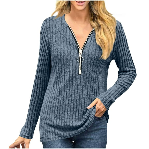 Oplxuo Long Sleeve Ribbed Shirts for Women Half Zip V Neck Pullover Tops Ladies Loose Fit Casual Tunic Blouse