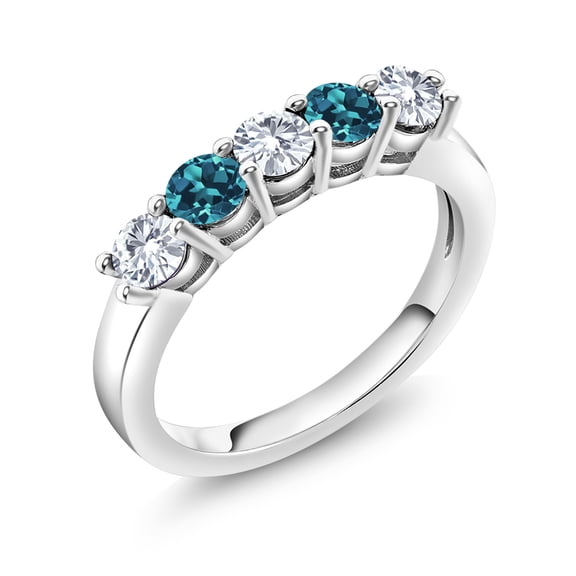 Gem Stone King 925 Sterling Silver White Moissanite and London Blue Topaz 5-Stone Wedding Anniversary Band Ring for Women (0.92 Cttw, Gemstone Birthstone, Size 7)
