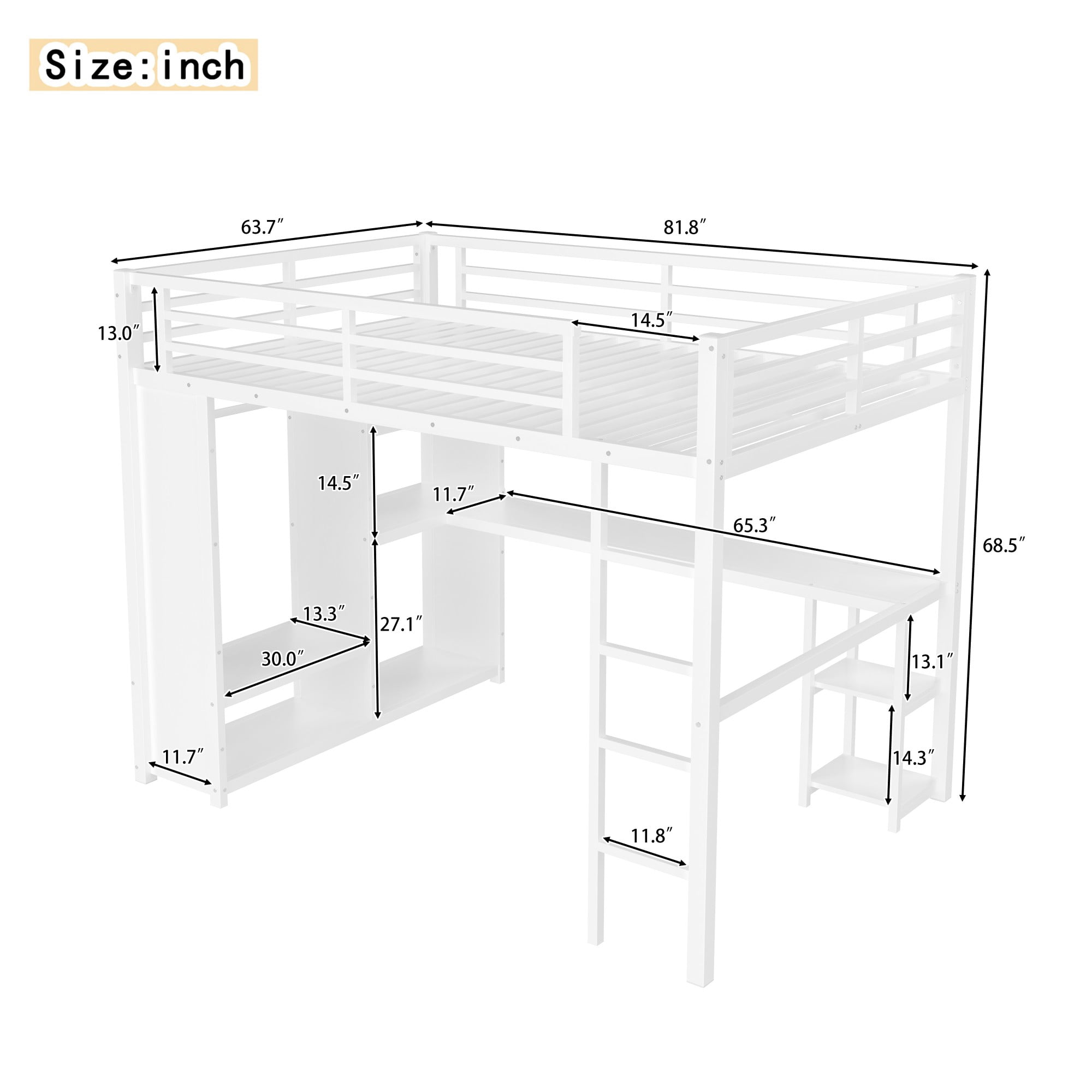 Aukfa Queen Size Heavy Duty Metal Loft Bed with Desk, Wardrobe & 5 Storage Shelves, Space-Saving Design for Kids, Teens, Adults, White