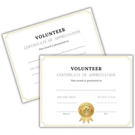 Volunteer Certificate of Appreciation 50pk 8.5x11” Gold White Minimalist Citizenship Hours of Community Service Dogs Elderly