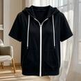thumbnail image 4 of Girls Solid Loose Zip up Hooded Jacket Lightweight Short Sleeve Sweatshirt Jacket with Pockets, Casual Spring Fall Outerwear for Kids Black 140(140), 4 of 5