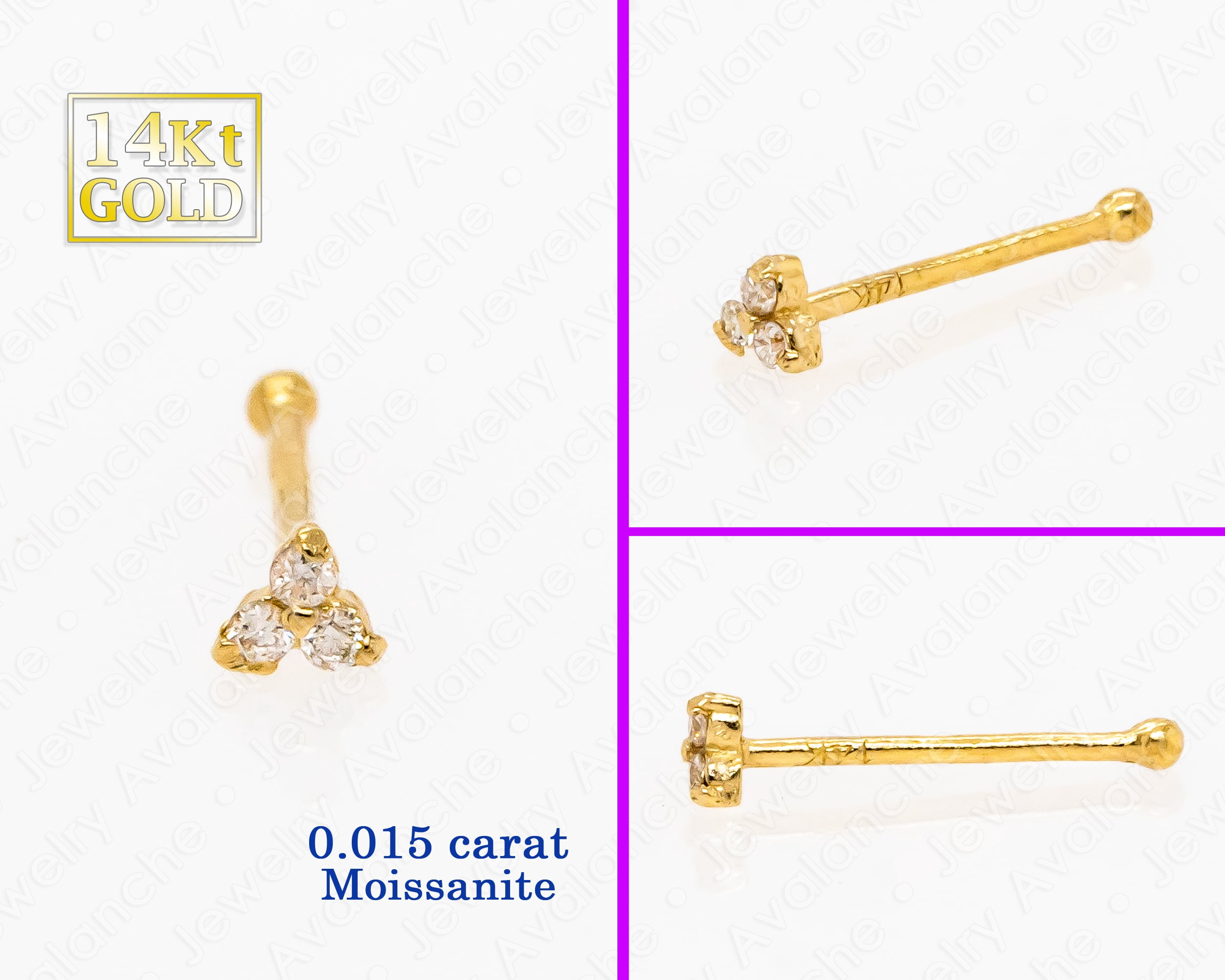 3-Stone 0.015ctw Moissanite Nose Stud - 22G Solid 14Kt Yellow Gold Nose Bone Stud Nose Ring - April Birthstone Nose Stud