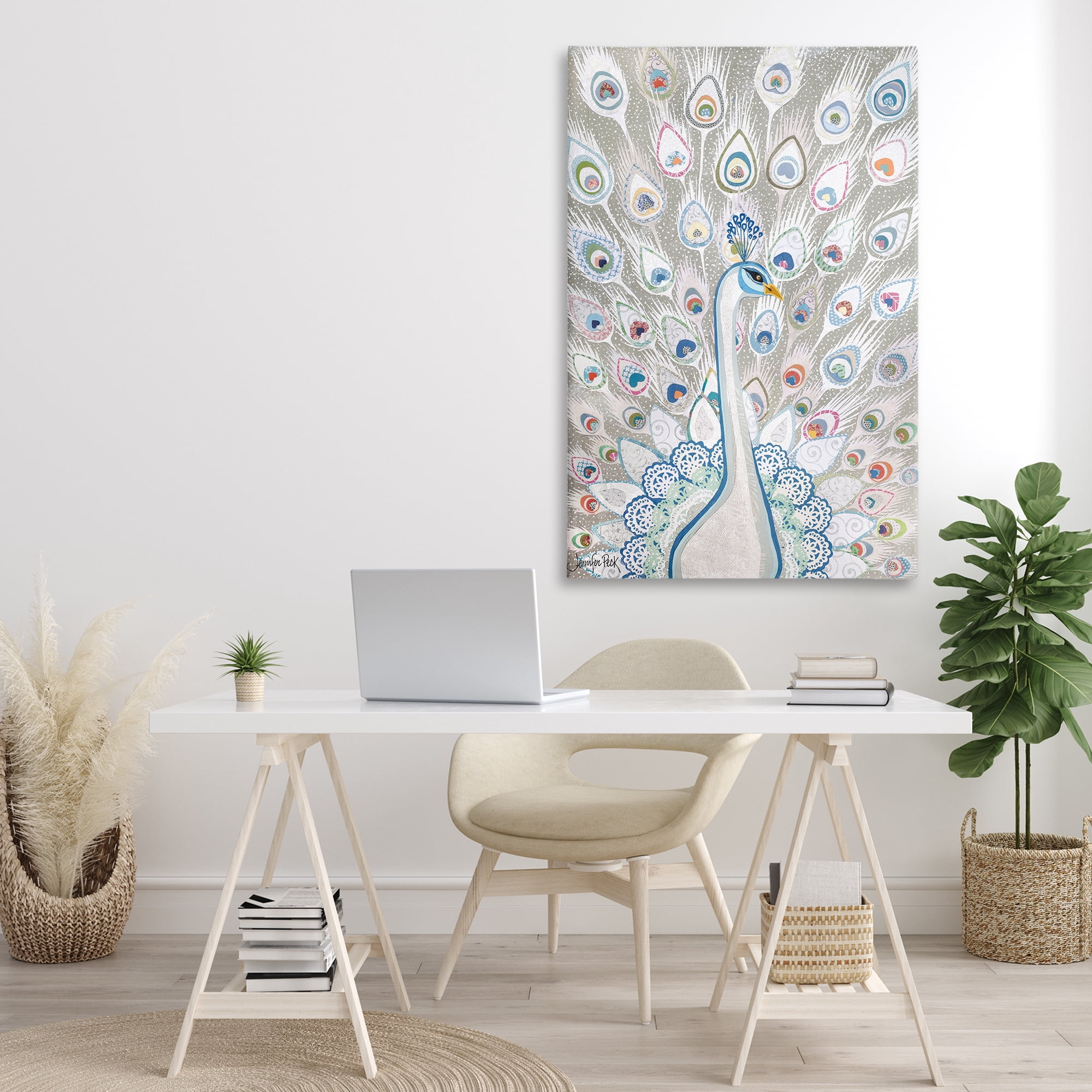 Stupell Industries Neutral Peacock Tail Pattern Animals & Insects Painting Gallery Wrapped Canvas Art Print Wall Art, 30 x 45