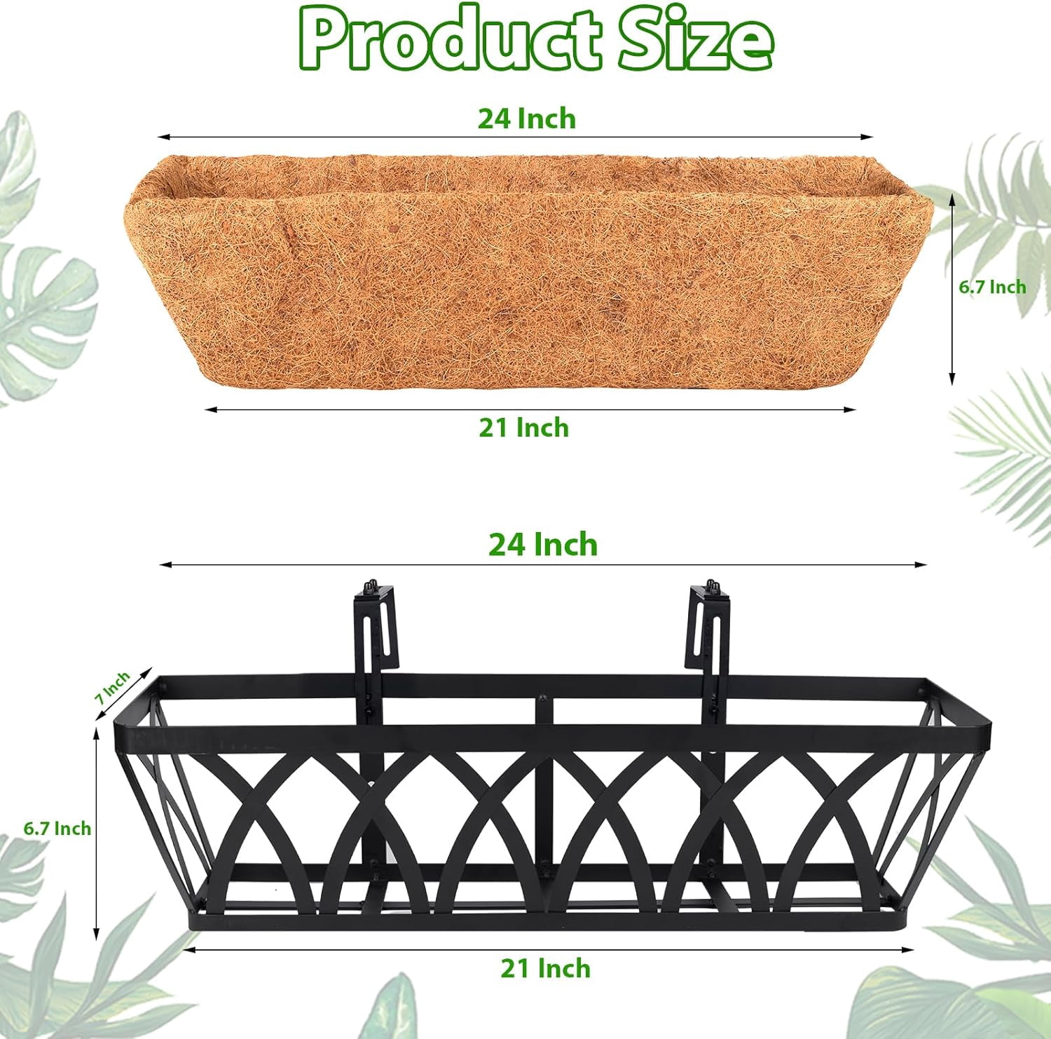 4 Pack 24 Inch Deck Balcony Railing Planter Window Boxes with Coconut Coir Liner, Fence Metal Hanging Flower Planter Basket for Outdoor Lawn