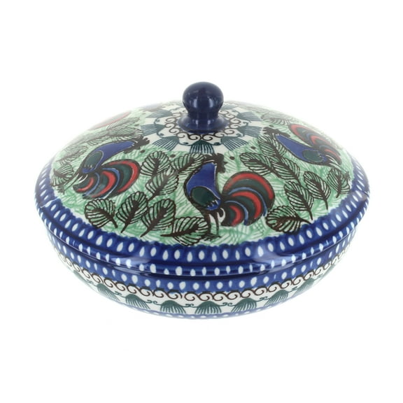 Blue Rose Polish Pottery Rooster Row Covered Bowl