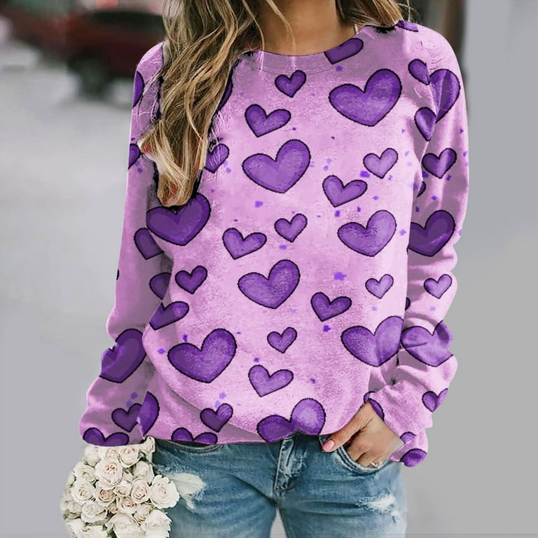 Valentine's Day Long Sleeve Shirts for Women Trendy Sequin Heart Print Crew  Neck Casual Sweatshirts Casual Tunic Tops(Pink,XXL) 