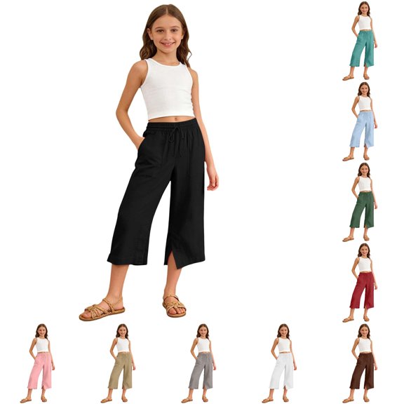 Oiyii Drawstring Waist Capri Pants for Toddler Girls Solid Wide Leg Casual Trousers Beach Wear Bottoms,Black