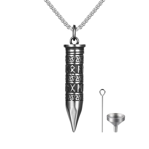 Avaner Bullet Cremation Urn Necklace for Ashes Stainless Steel Viking Runes Memorial Pendant for Men Keepsake Jewelry