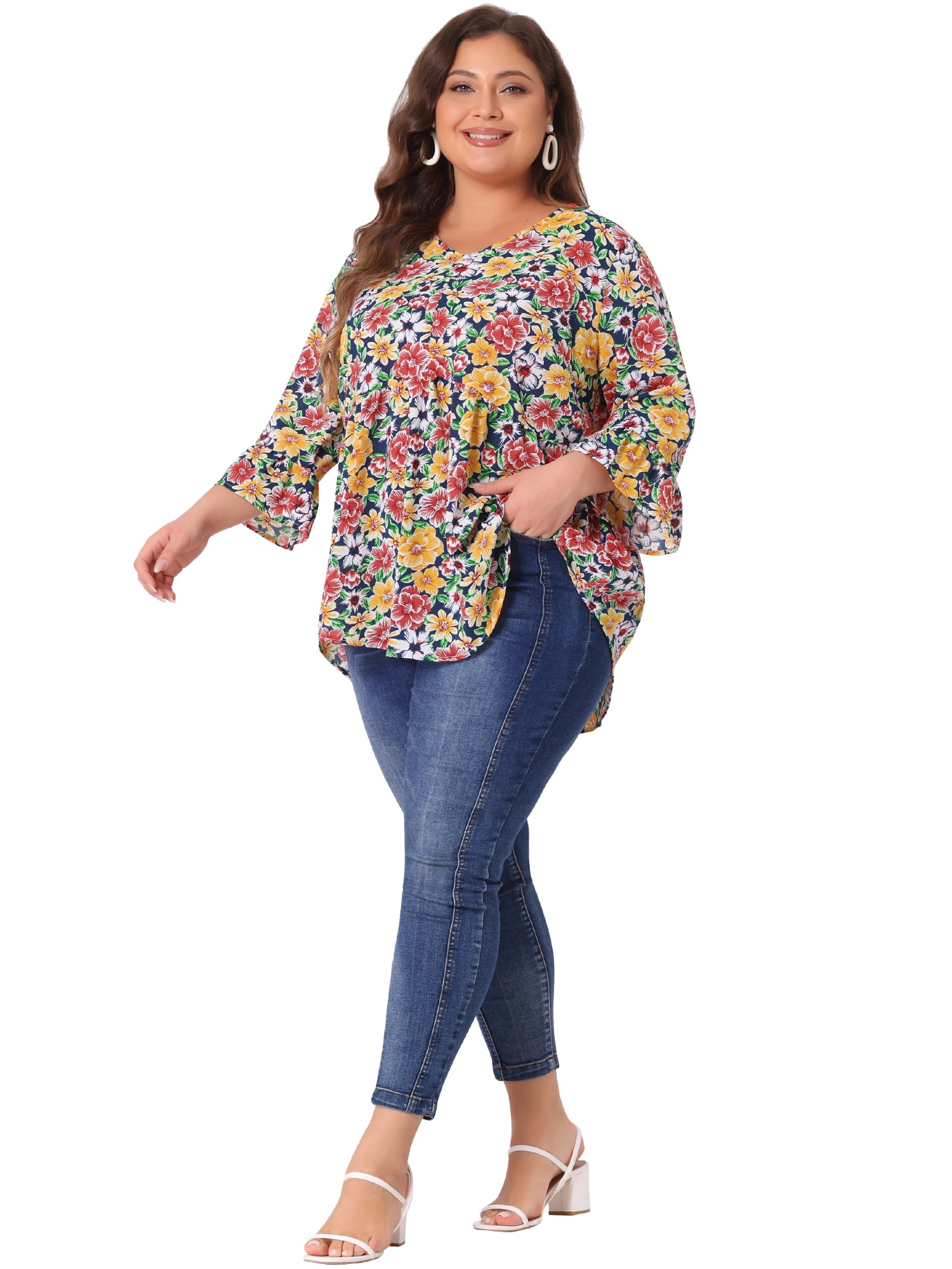 Women's Plus Floral Blouses V Neck Ruffle 3/4 Sleeve Babydoll Peplum Tops 3X Yellow