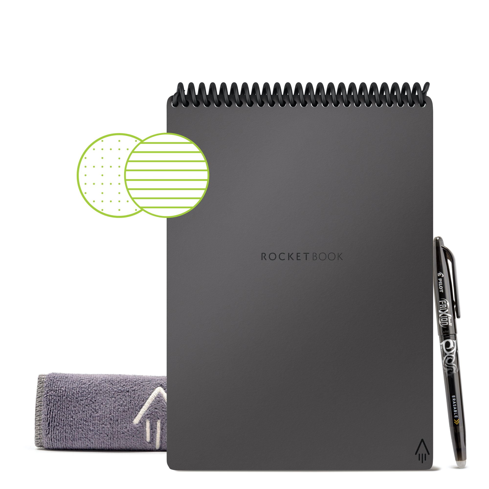 Dotted Grid Eco-Friendly Notebook with 1 Pilot Frixion Pen & 1 Microfiber Cloth Included 6 x 8 Rocketbook Smart Reusable Notebook Deep Space Gray Cover Executive Size 