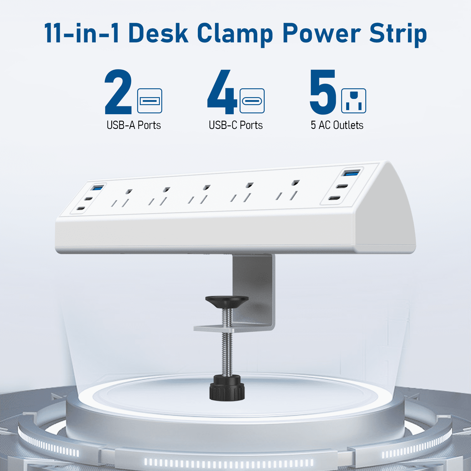 VILONG Desk Clamp Power Strip with USB-C & USB-A Ports–Desktop Edge Mount Surge Protector Power Strip with 5 Outlets–Clamp-on Desk Mounted Power Station for Office Standing Desk,White
