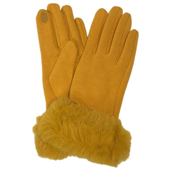 Womens Mustard Yellow Faux Fur Stretch Fit Texting & Tech Touchscreen Gloves