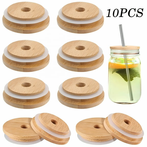 AUQ 10 Pack Wooden Mason Jar Lids with Straw Hole 70mm Reusable Bamboo Wide Mouth Mason Canning Lids,Ball Jar Wooden Lids Oui Yogurt Jar Lids