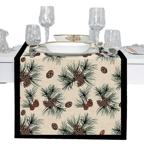 Camino de mesa con ramas de agujas de pino de invierno, bufanda de mesa, decoración de plantas para el hogar y la cocina, decoraciones rústicas de arpillera para cenas y fiestas de granja
