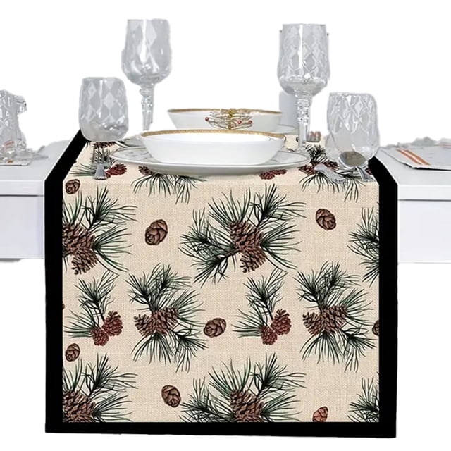 Camino de mesa con ramas de agujas de pino de invierno, bufanda de mesa, decoración de plantas para el hogar y la cocina, decoraciones rústicas de arpillera para cenas y fiestas de granja