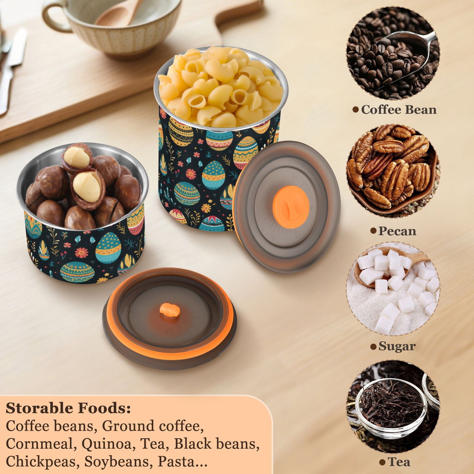 Easter Eggs Boho Airtight Coffee Bean Canister 30oz Food Storage Containers with Lids For Gournd, Tea, Sugar, Flour, Rice, Cereal, Candy Cookie Jar