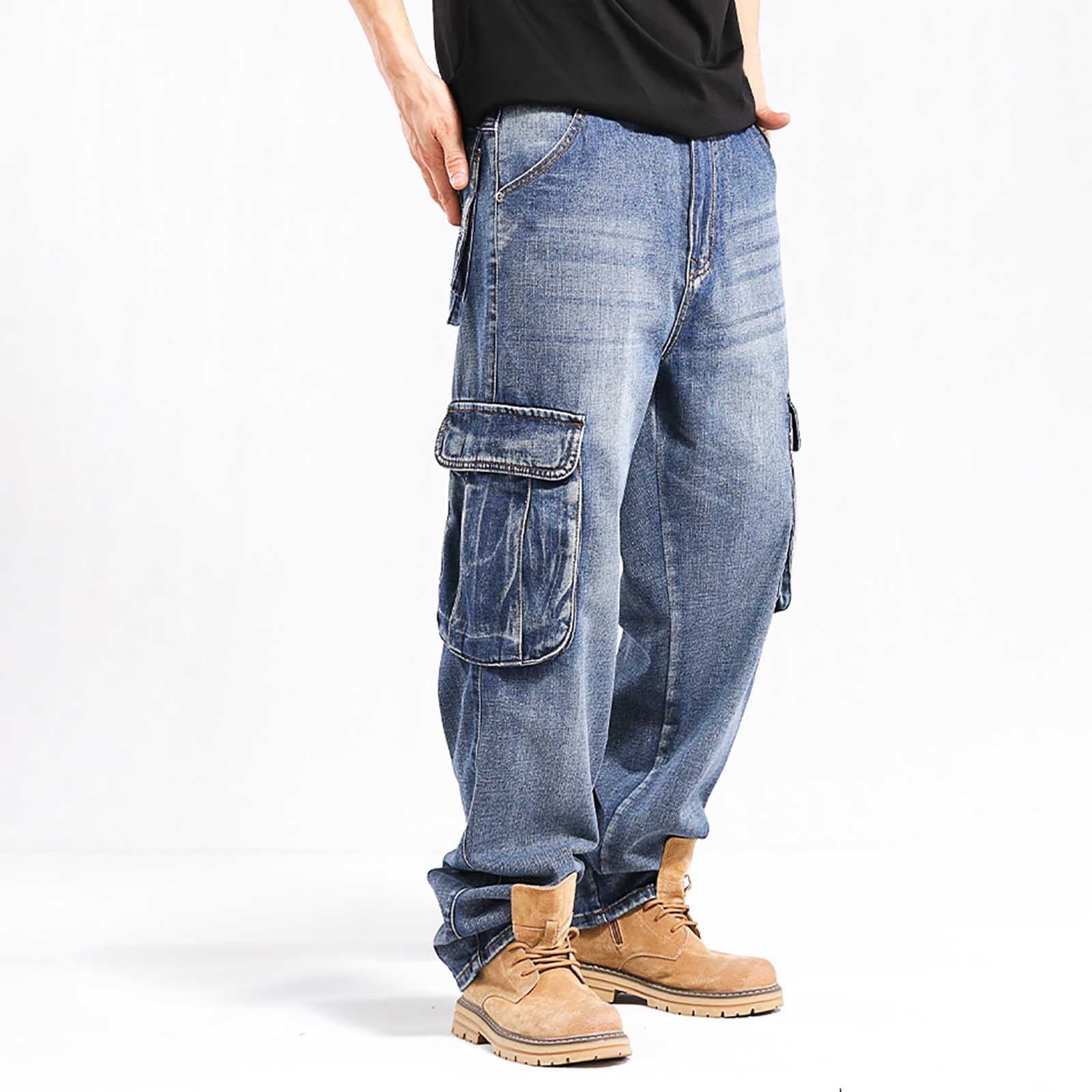 HOOMEUMY Men's Jeans Casual Loose Hip Hop Denim Work Pants Jeans with Cargo Pockets (Blue,30)