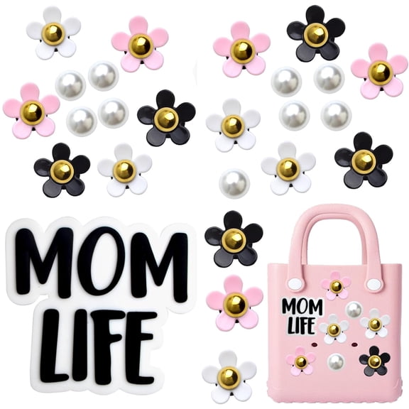 24pcs Colorful Flowers Pearls Charms Compatible with Bogg Bag Accessories Black Momlife Charm Insert Decoration Women Gifts for Simply Southern Beach Tote Bags Handbags