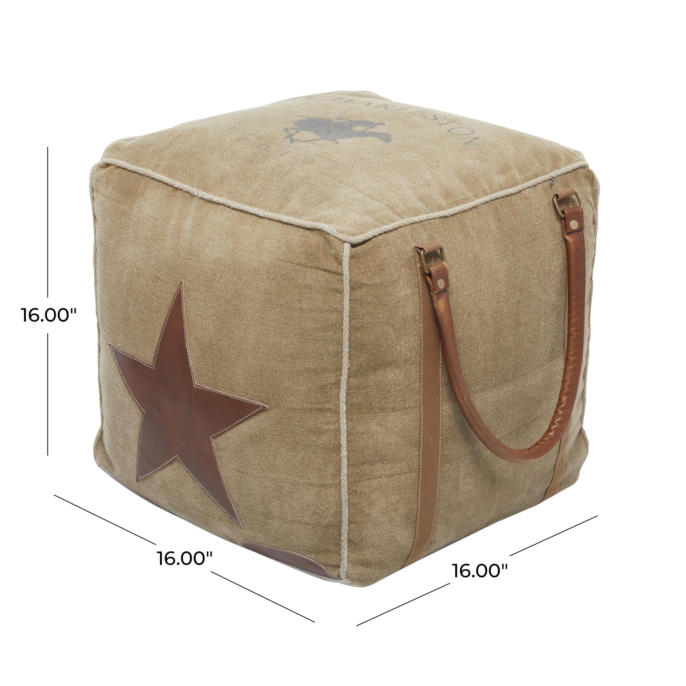 DecMode Rustic and Organic Square Ottoman Fabric Pouf features Tan Canvas and Brown Leather Handles with a Star Design, 20"W x 19"H
