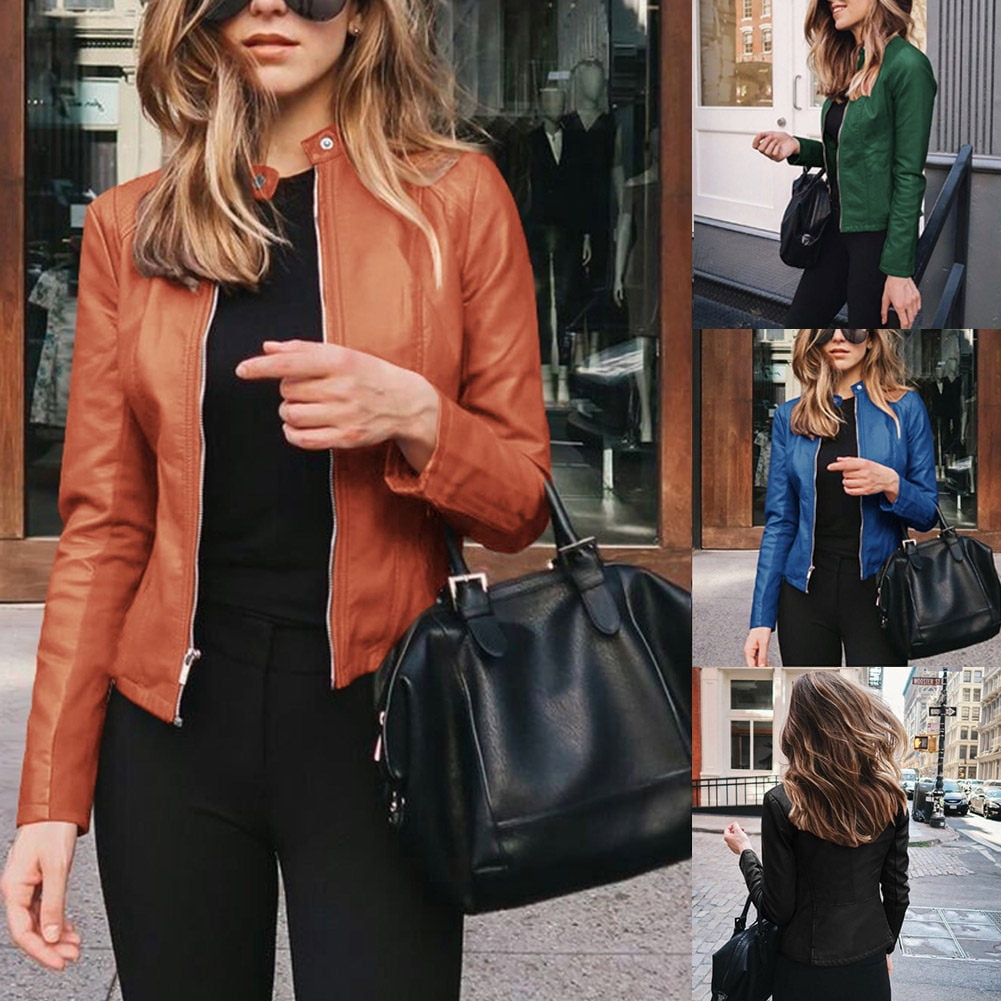 CAROOTU Women PU Leather Blazer Jackets Zippers Stand Collar Office Fashion Coat Outerwear New