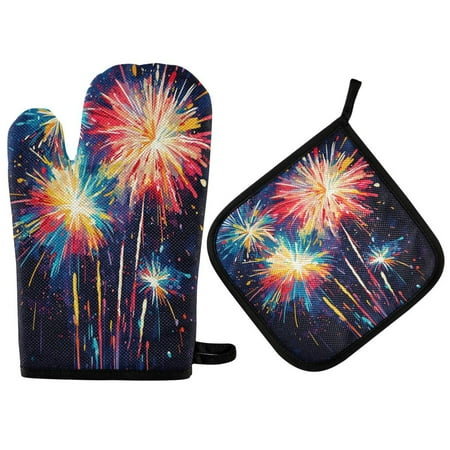 

Heat Resistant Oven Glove & Hot Pad Set Reusable and Washable Kitchen Combo for Baking BBQ Oven Microwave Figure Of Colorful Fireworks