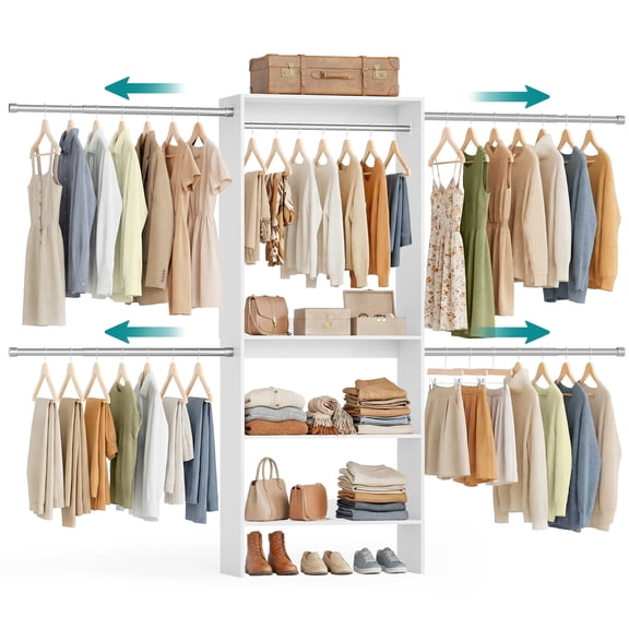 SONGMICS Closet System, Customizable Walk-In Closet Organizer System with Adjustable Hanging Rods and Storage Shelves, White, Fits Spaces 6.5-10.2 ft