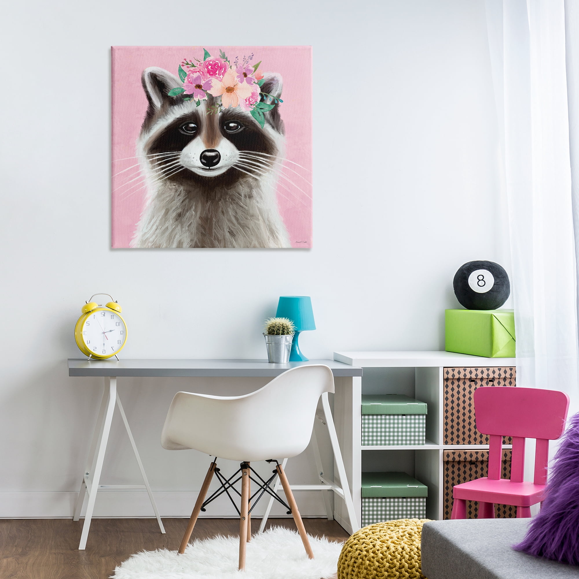 Stupell Industries Pink Florals Raccoon Animals & Insects Painting Gallery Wrapped Canvas Art Print Wall Art, 30 x 30