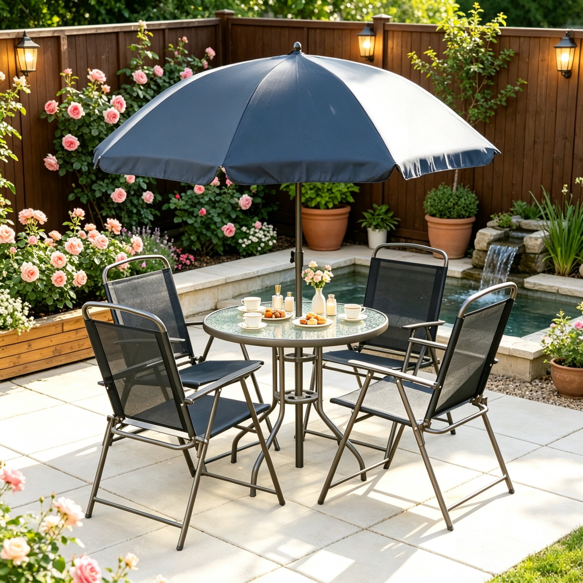 6-Piece Patio Dining Set for 4, Complete with Umbrella, Round Glass Table & 4 Folding Chairs, Black & Coffee