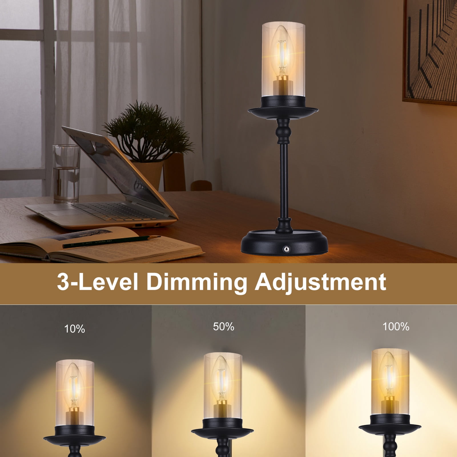 Rechargeable Touch Control Table Lamp - 3-Level Cordless LED Desk Light with 3000K Warm Glow, Modern Acrylic Candlestick Design for Weddings, Parties & Home Decor-2PCS