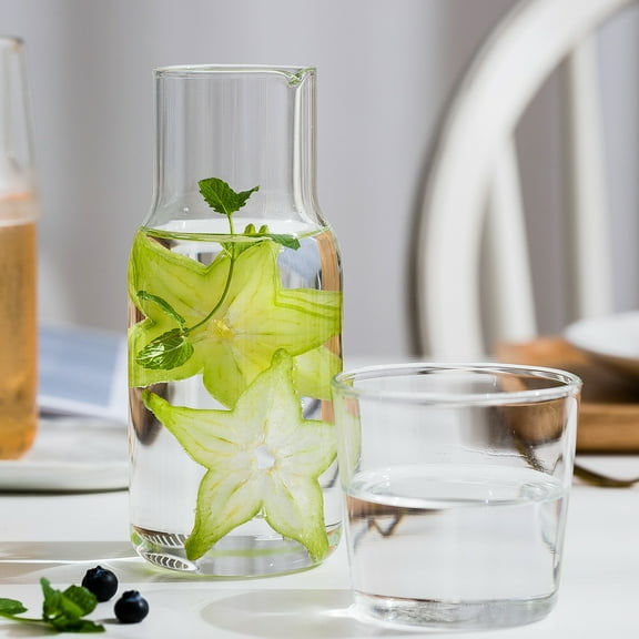 Bedside Water Carafe Set with Tumbler, Bedside Carafe and Glass Set for Nightstand Bedroom Guest Room, Water Carafe for Cold Drink, Mouthwash Dispenser for Bathroom Kitchen (Transparent) 450ml