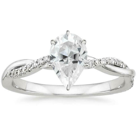 HeartsAndYou 3ct Pear Cut Moissanite Engagement Ring for Women 18k White Gold over Silver Twist Shank Solitaire