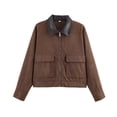 thumbnail image 2 of Smsaxvxz Womens Cropped Jacket Casual Corduroy Collar Barn Coat Lightweight Utility Zip Up Baseball Jacket with Pockets Coffee S, 2 of 10