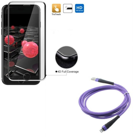 iPhone 8/7/6S/6 - Purple 10ft USB Cable w Tempered Glass Screen Protector - Charger Cord Power Wire Braided Long, 4D Touch Curved Edge Full Cover Bubble Free Soft Edge Hybrid for iPhone 8/7/6S/6