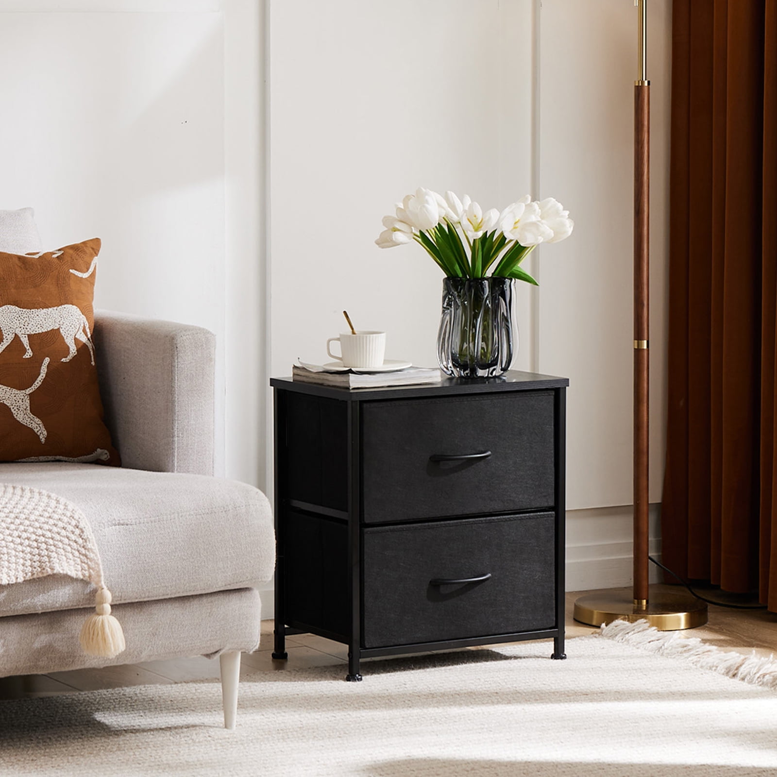 JOINSUN Nightstand Dressers with 2 Fabric Drawers, Small Chest Organizer with Fabric Bins for Bedroom, Black, Set of 2