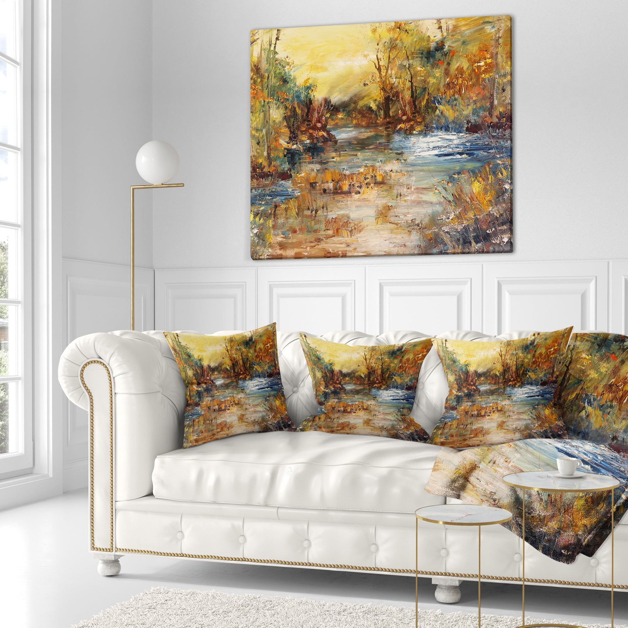 Designart River in Forest Oil Painting - Landscape Painting Throw Pillow - 16x16