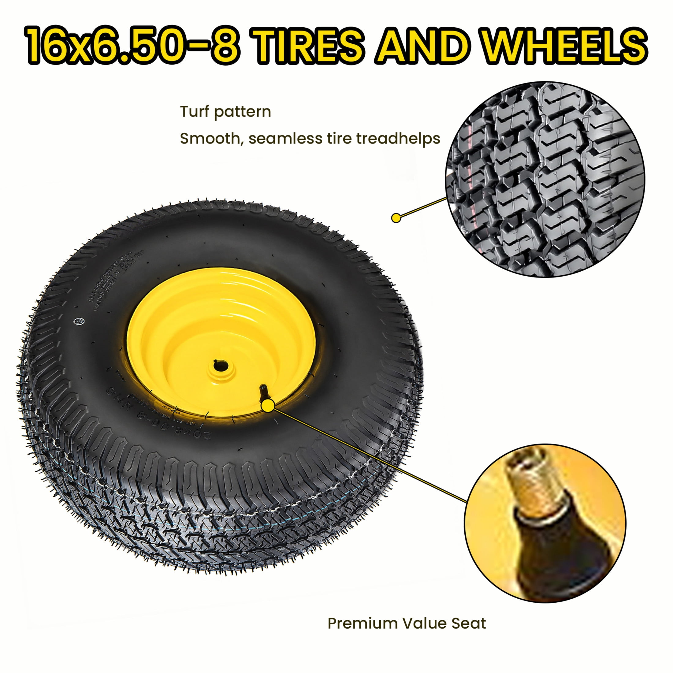 Noble House 20" x 8" Lawn Mower Tires & Wheel Assembly with Steel Rim, Tubeless Heavy Duty, Black & Yellow, Set of 2