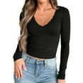 thumbnail image 4 of HAiming Women Lace Trim Long Sleeve Cropped Tops Casual V Neck Slim Pullover Base Tees Going out Tight Shirts, 4 of 9