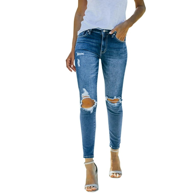 Women Stretchy High Waisted Straight Leg Ripped Boyfriend Jeans Frayed Ankle Denim Pants on Pant Women Seven7 Ladies 5 Weekend Short Jean 18 plus Size