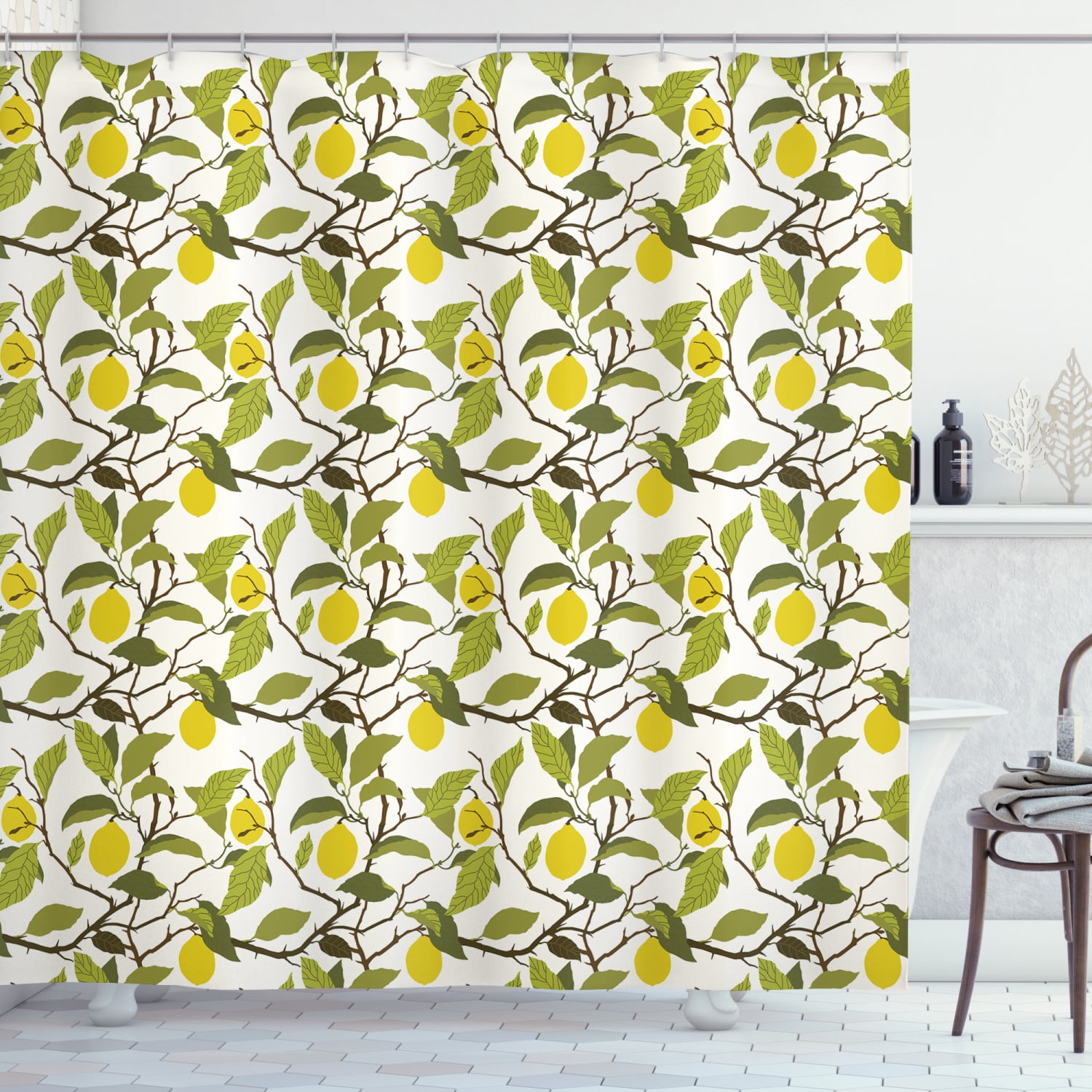 Lemons Shower Curtain, Bloomless Lemon Tree with Ripe Fruits and Lobed