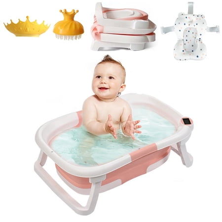 Yuhuan Foldable Newborn Bathtub with Thermometer Collapsible Portable - Travel Baby Bathtub with Bath Cushion Mat for Newborn 0-3 6 Months - Pink