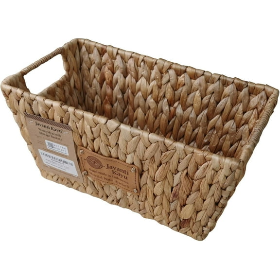 JAVANTI KAYU - Handmade Water Hyacinth Wicker Storage Basket with Handles – Trapezoid Organizer Bin for Shelves, Blanket, Bathroom, Closet – Stackable – 12x7x6" – Decorative & Durable (1, 12"x7"x6")