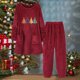 thumbnail image 1 of Puntoco Conjuntos de pijama cómodos para mujer Conjunto de dos piezas de top y pantalón de color liso con cuello redondo y costuras largas e informales para mujer, 1 of 3