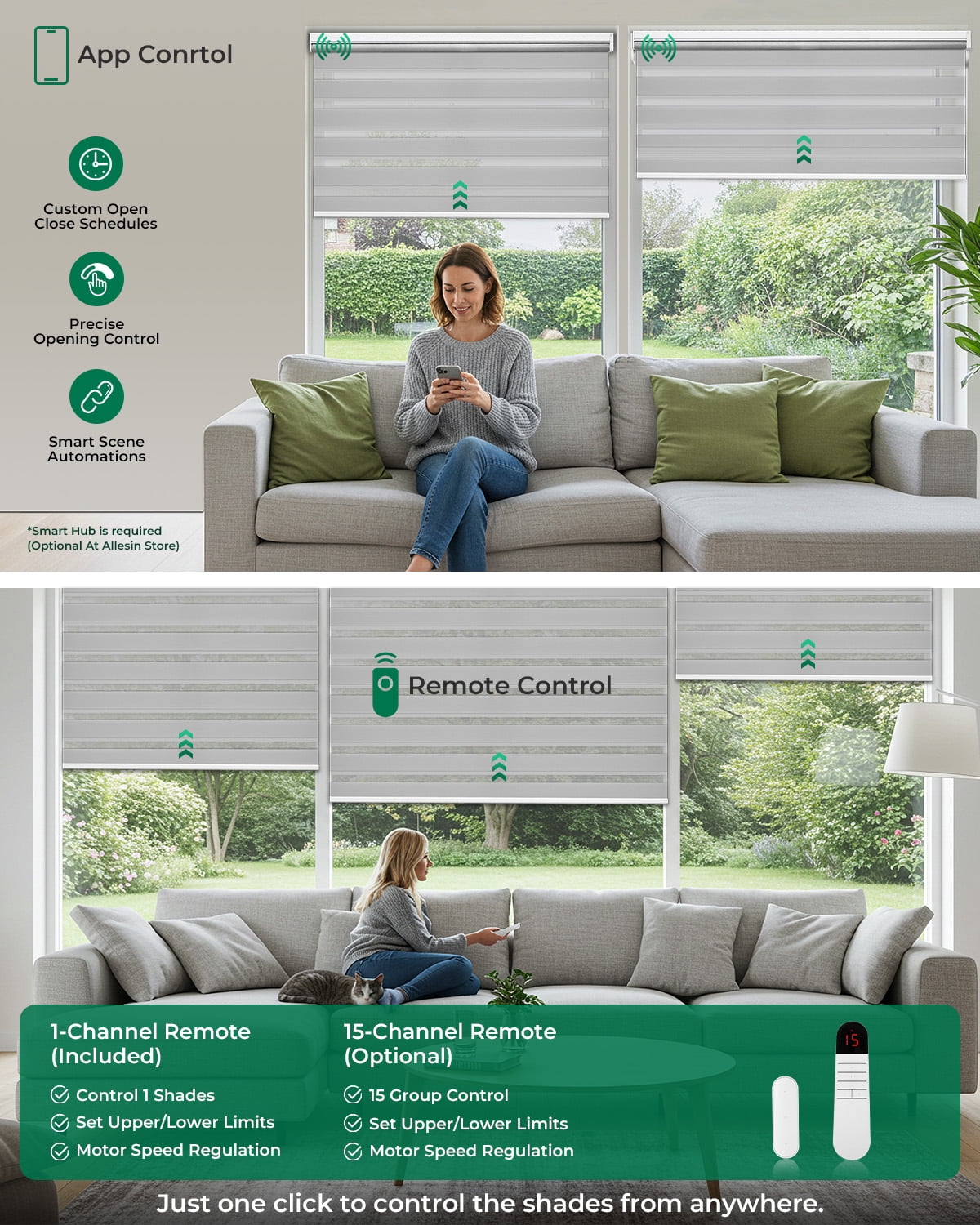Allesin Motorized Zebra Blinds with Remote, Electric Dual-Layer Shades with Dry Battery-Powered, Smart Horizontal Window Blind with Privacy Light Control (Gray 34"W x 72"H)