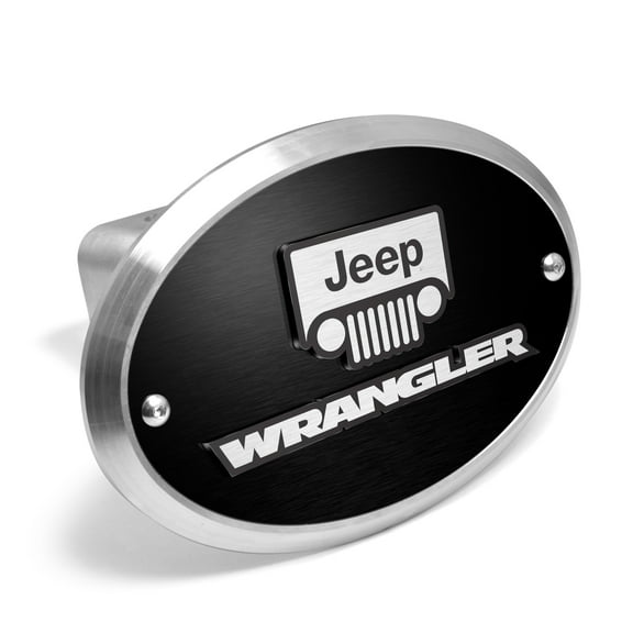 Jeep Wrangler 3D Logo on Black Oval Billet Aluminum 2 inch Tow Hitch Cover