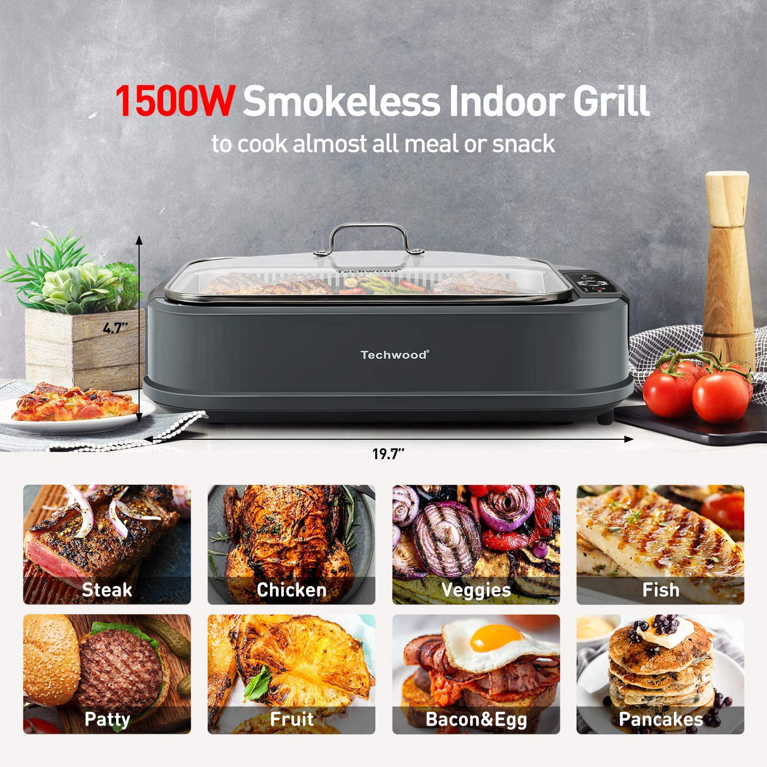 Indoor Smokeless Grill Techwood 1500W Electric Grill with Tempered Glass Lid & LED Smart Control Panel, 8-Level Control Korean BBQ Grill Wit