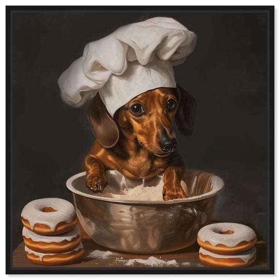 Dachshund Chef with Sugar Donuts Canvas Cute Pet Art Prints by Art Remedy, Black Frame, 12" x 12"