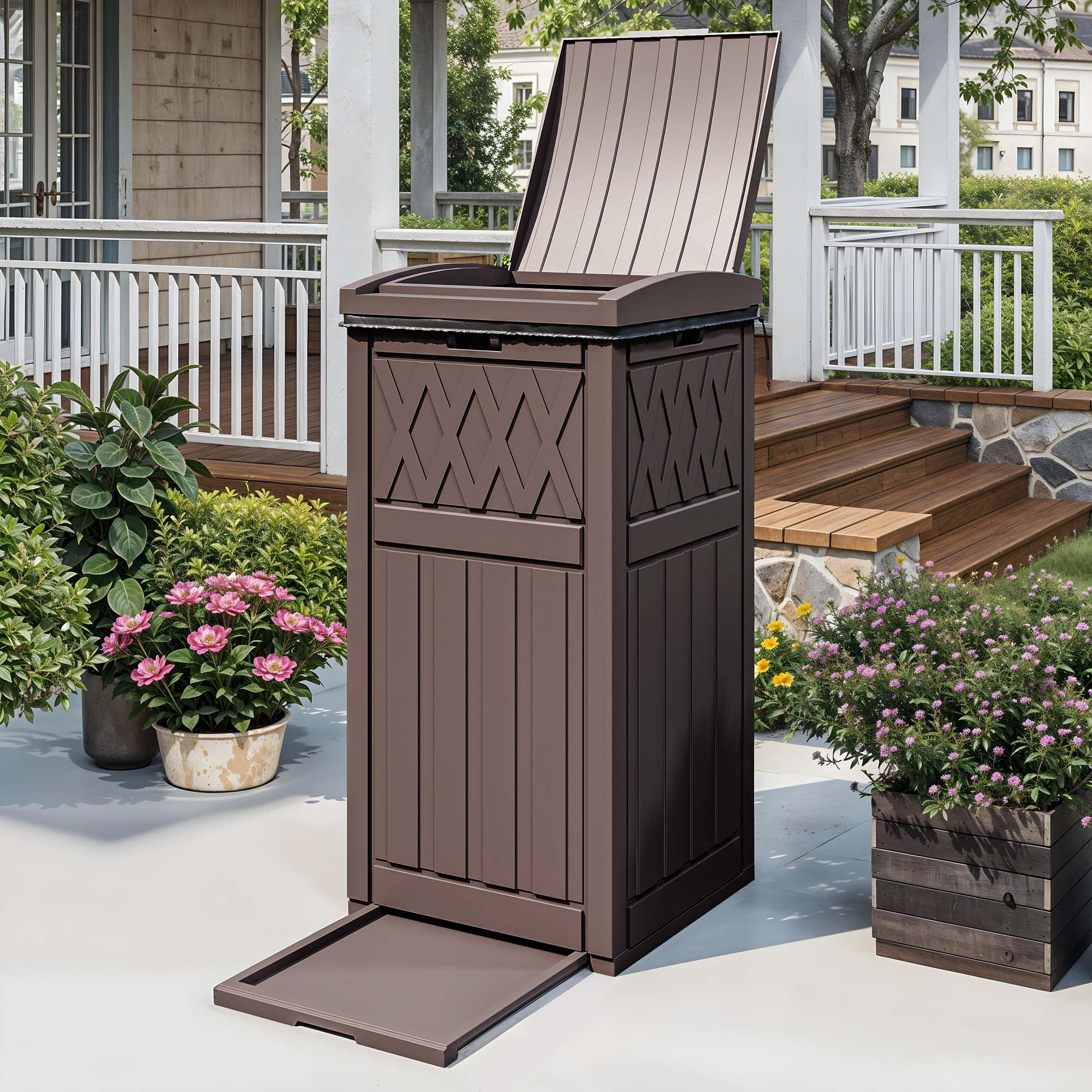 Uforic 36 Gal Outdoor Trash Can,Waterproof Resin Garbage Bin with Fabric Bag, Tiered Lid & Drip Tray, for Patio,  Backyard, Dark Brown