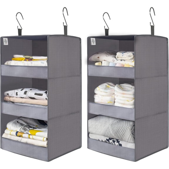 3-Shelf Closet Organizers and Storage, Foldable Hanging Closet Organizer, Hanging Closet Shelves with 2 Metal Hooks, Leak-Proof Closet Hanging Organizer for Locker & Camper, Gray, 2-Pack